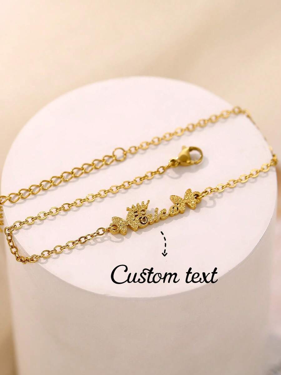Customizable Stainless Steel Butterfly Charm Personalized Name Heart Anklet, Arabic Letter Nameplate - Gold Frosted - View 1