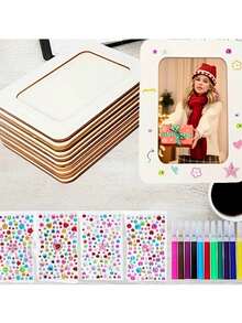Kit DIY pentru rame foto cu 21 de bucăți, inclusiv 5 rame foto din lemn nefinisate, 12 mini pixuri acuarelă și 4 autocolante cu diamante din cristal, rame foto personalizate, decor pentru casă cu rame din lemn, artizanat DIY, potrivit pentru familii, decorarea casei, Ziua Recunoștinței, Crăciun, ziua de naștere, cadouri de sărbători