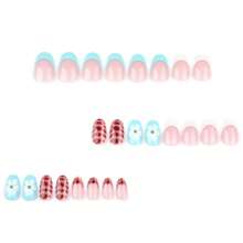 Almond Shaped Press On Nails Short Oval False Nails With Designs Blue White French Tips Glue On Nails Leopard Print Flowers Acrylic Nails Glossy Full Cover Stick On Nails For Women Manicure 24 Pcs2025