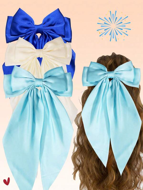3Pcs Hair Bows Clips For Girls Blue Bow Beige Bow Sky Blue Bows Cute Bow Hair Clips For Girls Ribbons Bow Barrettes Silky Satin Hair Bows Long Tail Oversized Bows Party Hair Accessories For Girls Teens Daily Wear Suitable For Many Occasion