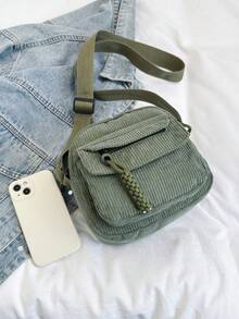 1 件纯色多口袋迷你灯芯绒包，拉链开合时尚简约休闲斜挎包适合女性日常使用