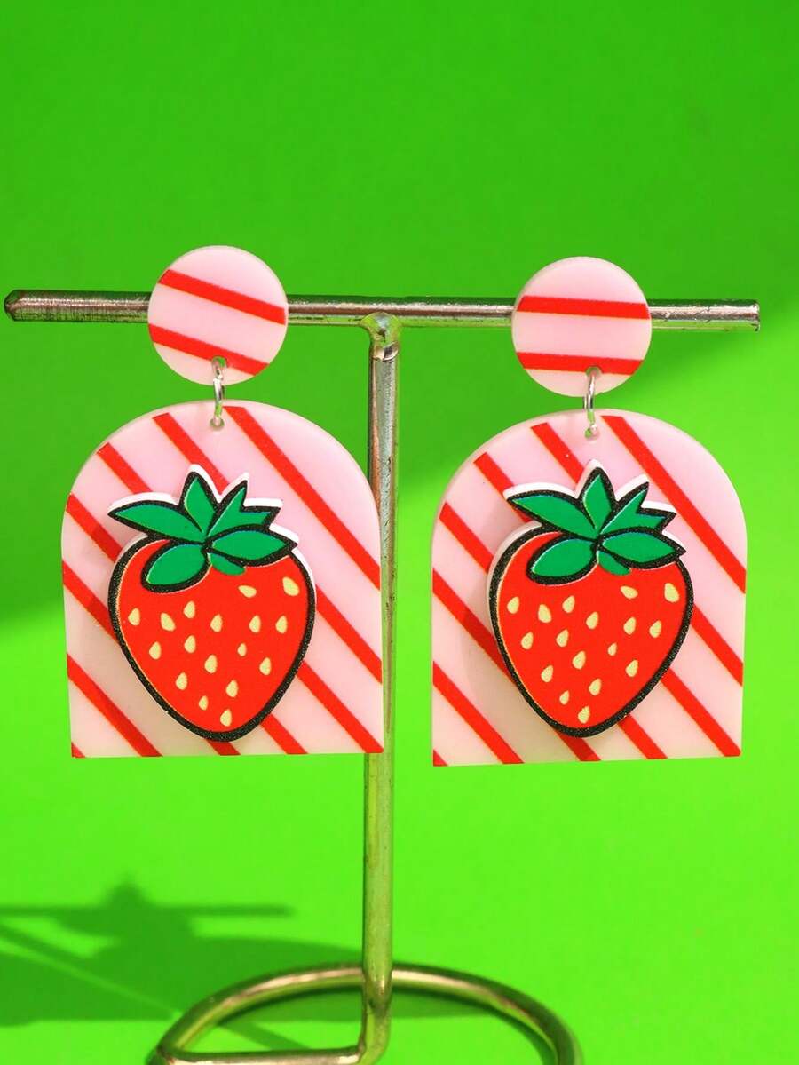 1 对时尚俏皮的彩色亚克力草莓和几何吊坠耳环，适合日常佩戴、节日和派对 - 彩色 - 查看 1