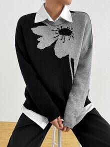 Maglione girocollo lavorato a jacquard con contrasto di colori, taglie comode - nero - Visualizzare 6