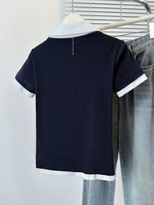 韩版二合一 Polo 领短袖 T 恤，夏季修身短款刺绣字母短款上衣
