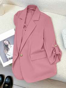 Single-Breasted Blazer, Solid Color, 3/4 Sleeve, Suitable For Office Wear, Spring/Summer - Pink - View 2