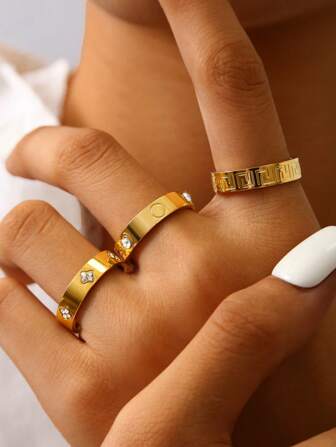 TONSI 1 Stück eleganter, luxuriöser, minimalistischer Mode-Edelstahl-Zirkonia-Ring, 18 Karat vergoldet, geometrisches Kleeblatt-Design, geeignet für Festivals, Reisen, Arbeit, tägliche Partys, Damenschmuck