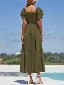 Women's Summer Casual Dresses Square Neck Ruffle Short Sleeve High Waist A-Line Wedding Dresses - 軍綠色 - 查看 2