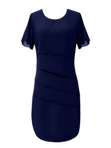 Women's Elegant Casual Chiffon Dress, Solid Color Short Sleeve Round Neck Flowy Ruffle Hem Loose Waist Dress, Breathable And Draping, Suitable For Office, Party And Daily Wear, Autumn/Winter - Royal Blue - View 2