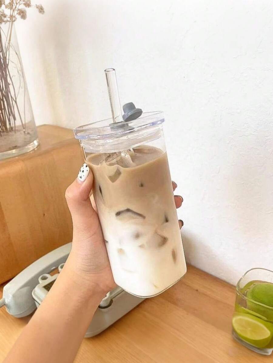 1pc Glass Cup, Square Clear Glass Tumbler With Straw And Lid, Transparent Simple Flat Home Coffee Cup, Clear Straw Bottle, Modern Glass Coffee Cup, Stylish Reusable Drinking Glass For Iced Coffee, Durable And Lightweight Glass Water Bottle, Summer Drink Straw Cup, Portable Water Bottle