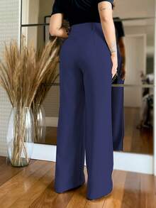 MODA MO, REF: 4714 | Women's Wide-Leg Pants, High Waist, Functional Side Pockets, Romantic Fabric With Lycra Cotton Polyester Elastane, Stylish Bell Bottoms, Monsca Zipper, Modeling That Lifts The Hips, Super Comfortable Fit, Elegant And Versatile Formal Piece For Everyday Wear - Màu xanh hải quân - Xem 2