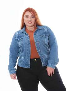 Plus Size Denim Jacket With Frayed Edges - Medium Wash - View 3
