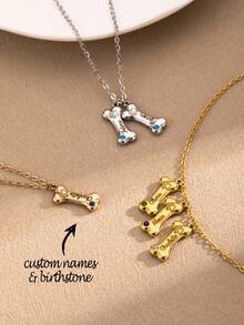 1pc Engraved Dog Bone Name Necklace With Birthstone, Custom Multi-Name Pendant For Pets, Personalized Dog Paw Memorial Necklace, Friendship Necklace Gift For Her, Valentine's Day, Christmas, Birthday, Party, Graduation Gift - Rose Gold - View 1