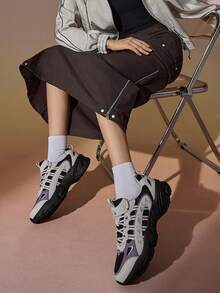 CAMEL CROWN Zapatos casuales para mujer con suela antideslizante y transpirable, zapatillas deportivas de moda todo a juego, tenis robustos - Chip gris crepúsculo morado negro - Ver 4