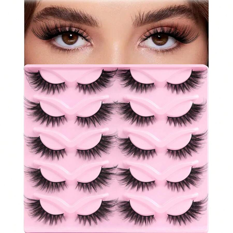 Eye Lashes False Eyelashes Faux Mink Fluffy Lashes Wispy Strip Lashes Natural Look Long Winged Foxy Lash Pack 10 Pairs Eyelashes(Flare) - 柔和俯衝 - 查看 1
