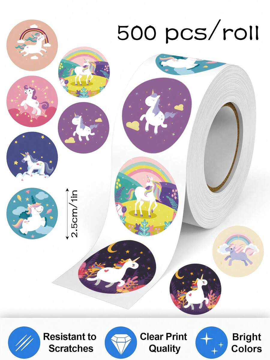 500 piezas Pegatinas de graffiti de unicornio de dibujos animados, 1 pulgada redonda 8 patrones, recompensa de maestro, aliento, scrapbooking, estuche de teléfono, taza DIY Decoración, pegatina impermeable de PVC - Unicornio de dibujos animados - Ver 1
