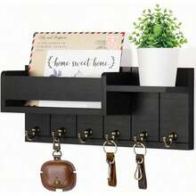 [Christmas Room Decor]1pc Vintage Wooden Wall Mounted Key Rack With Mail Holder & Tray - Easy Install, Suitable For Farmhouse Decor In Living Room, Kitchen, Hallway - Wall Hooks For Keys & Accessories - Multicolor - View 1