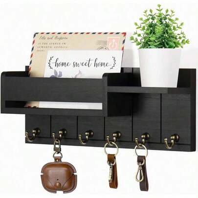 [Christmas Room Decor]1pc Vintage Wooden Wall Mounted Key Rack With Mail Holder & Tray - Easy Install, Suitable For Farmhouse Decor In Living Room, Kitchen, Hallway - Wall Hooks For Keys & Accessories