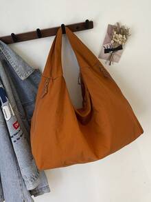 1pc Orange Nylon Fabric Bag, Large Capacity Solid Color Shoulder Bag, Popular Korean Casual Style, Versatile College Student Tote Bag, Simplistic Fashion Handbag, Multi-Zipper Side Pockets, Suitable For Various Outfits - trái cam - Xem 4