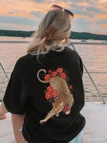 女士純色圓領短袖 寬鬆T卹，100%棉質，春夏裝上衣 外出度假 沙灘，日常 休閒女裝，街頭服飾，節日服裝女士，豹紋花卉印花，休閒風格，夏季穿搭，舒適面料，時尚設計，適合旅行