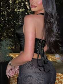 Yuwenier Sexy V-Neck Grommet Eyelet Front Lace Up Back Halter Corset Top Shapewear Backless Party Crop Vest Top Suitable For Party Going Out Date Halloween's Festival Outfit