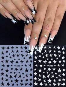 2 件 Y2K 黑白星星指甲贴纸不对称星星图案指甲贴花经典简约星星美甲装饰沙龙 DIY 美甲用品美甲配件适合女士和女孩 - 黑與白 - 查看 2