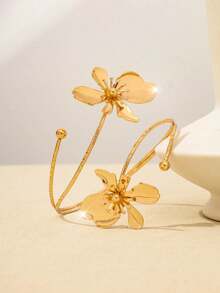 1pc Unique Elegant Floral Armband Alloy Enamel Flower Openable Bangle, Minimalist Chic Fashion, Suitable For Mother's Day Gift, Party, Banquet And Daily Wear (Avoid Prolonged Exposure To High Temperature, Seawater And Other Environments) - Gold Fashion Flower Armlet - View 8