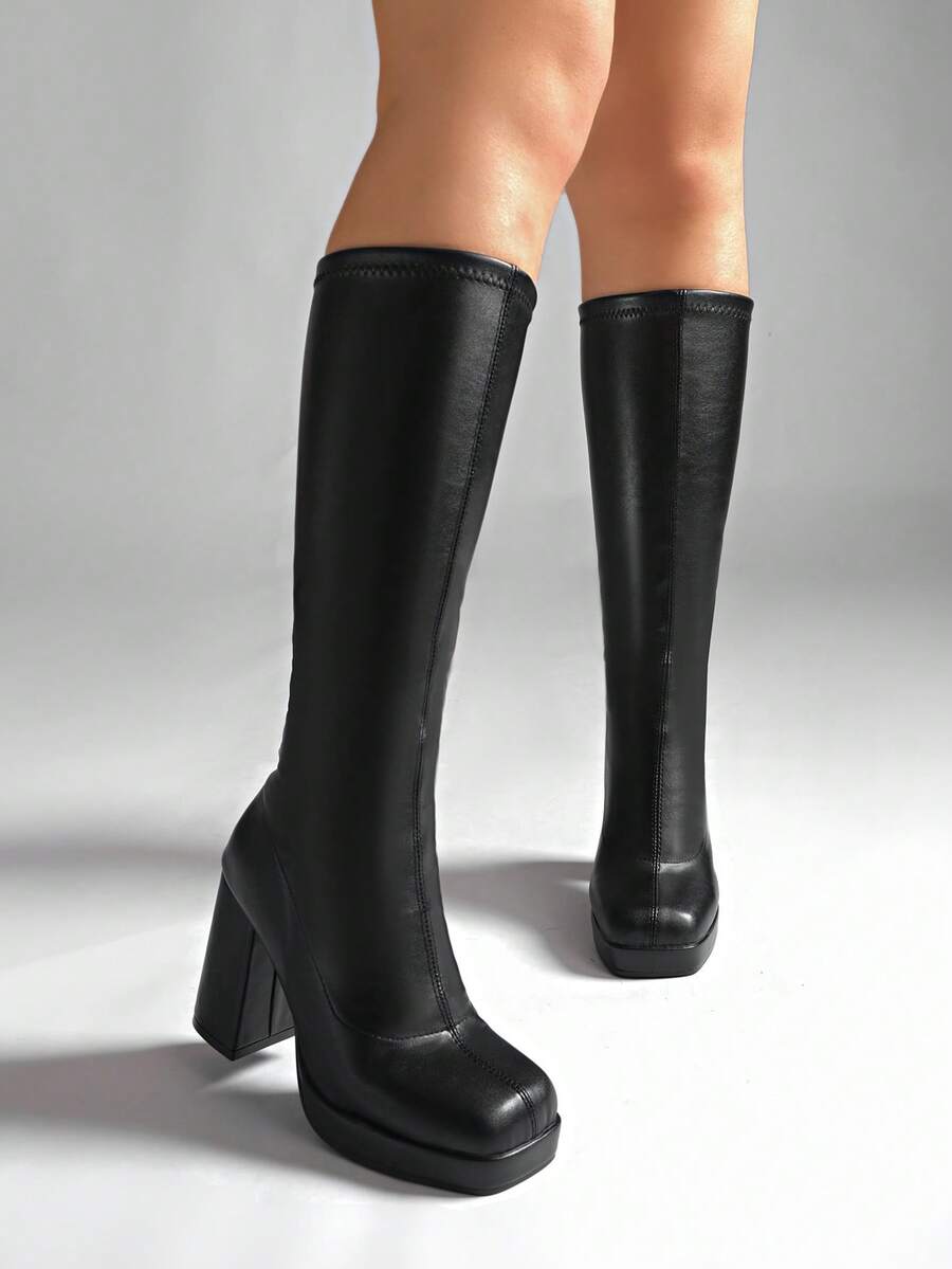 女士修身短靴，非过膝高跟，秋冬季，高筒，粗跟，弹力紧身靴，派对靴