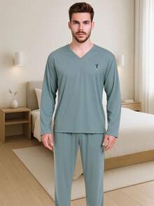 Men's Long Pajamas Adult Long Sleeve Long Trousers - Màu xanh Bạc hà - Xem 1
