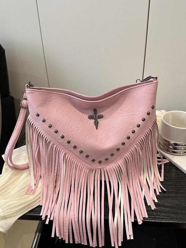 Large Capacity Fringe Decorated Rivet Accented Envelope Crossbody Bag, Stylish American Western Inspired, Versatile Ins Style