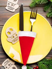 10pcs Mini Christmas Santa Cute Hats Silverware Holders - Xmas Party Dinner Table Dinnerware Decorations Supplies Flatware Decor
