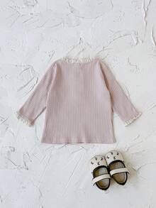 Newborn Baby Girls Sweet Lace Trim Elastic Pink Long Sleeve Basic T-Shirt, Spring/Autumn - Pink - View 9