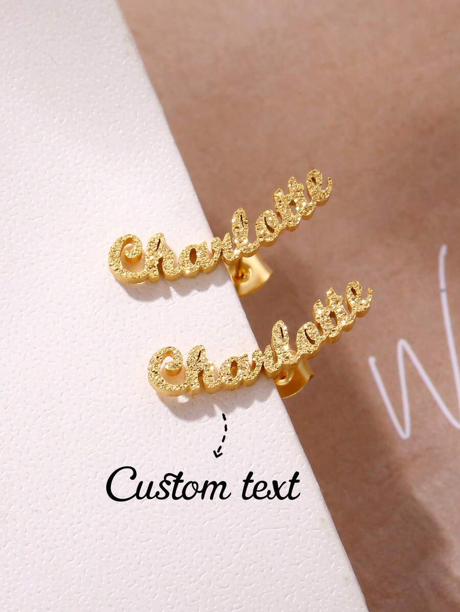Custom Name Women's Earrings Classic Stainless Steel Gold Cursive Letters Arc Earrings Bohemian Summer Earrings Personalized Charm Birthday Jewelry Memorial Gift For Wife Christmas Gift Daily Wear - Gold Frosted - View 1