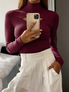 Livesso 纯色镂空半高领毛衣、长袖上衣、秋季女装