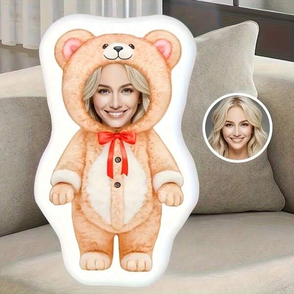 1pc Customized Photo-Printed Teddy Bear Pillow - Unique Apparel Design, Personalized Face, Double-Sided Printing, Zipper Closure - Ideal Couples's Gift, Home & Bedroom Decor Pillow