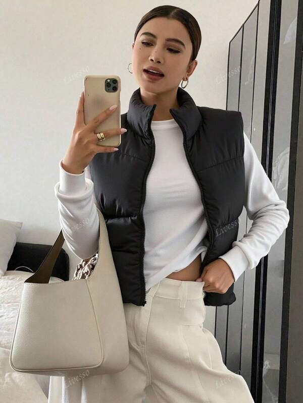 Livesso Zip Up Padded Vest Thick Pockets Coat, Ladies Late Fall Casual Pocket, Zipper Funnel Neck Loose Black Plain Women Coats, Winter Warmth/ Winter Fashion, Winter Women Padded Coat