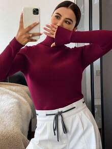Livesso Jersey de cuello alto acanalado, blusas de manga larga, ropa de mujer de otoño - Burdeos - Ver 1