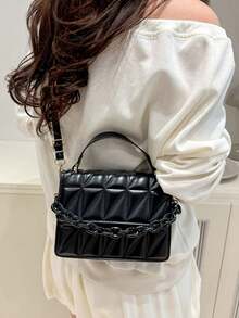 Pleated Quilted Diamond Chain Crossbody Bag - Black - View 8