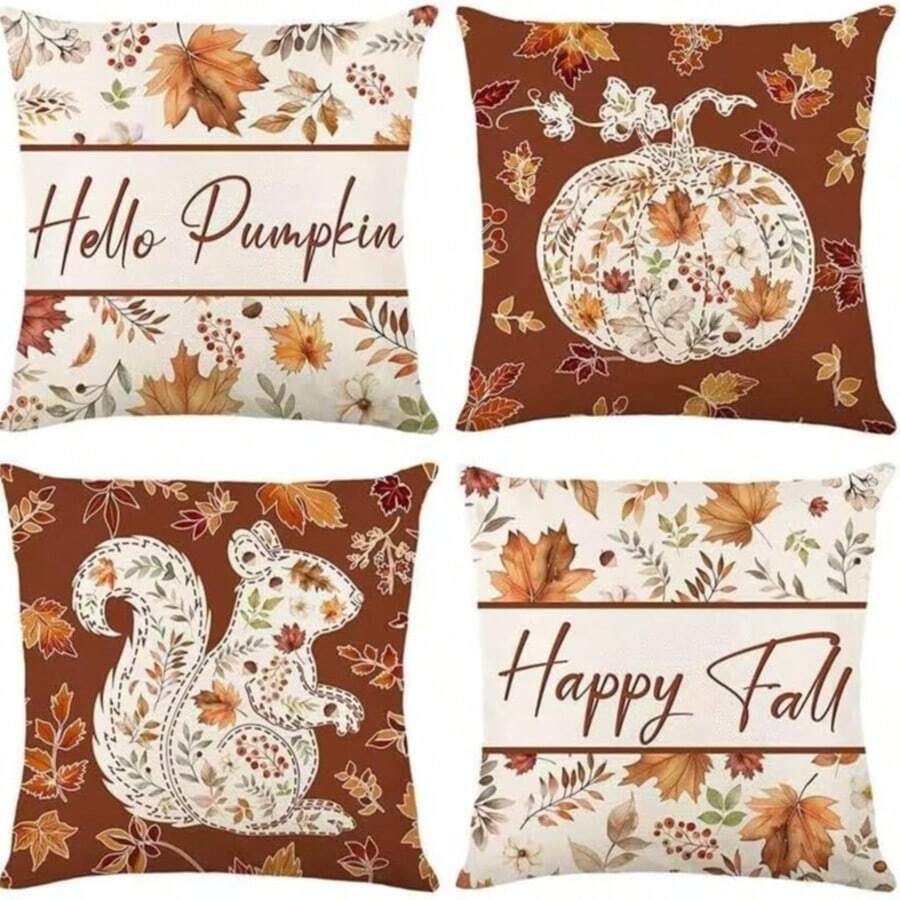 4 Kissenbezüge 45 x 45 cm Herbstblatt Eichhörnchen Kürbis Kurzplüsch Dekokissenbezug für Wohnzimmer Heimdekoration - Verschiedenfarbig - Übersicht 1