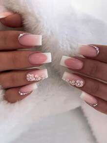 24pcs Long Square Colorful Crystal Nail Flower Design French Nails, 1pc Jelly Gel, 1pc Nail File