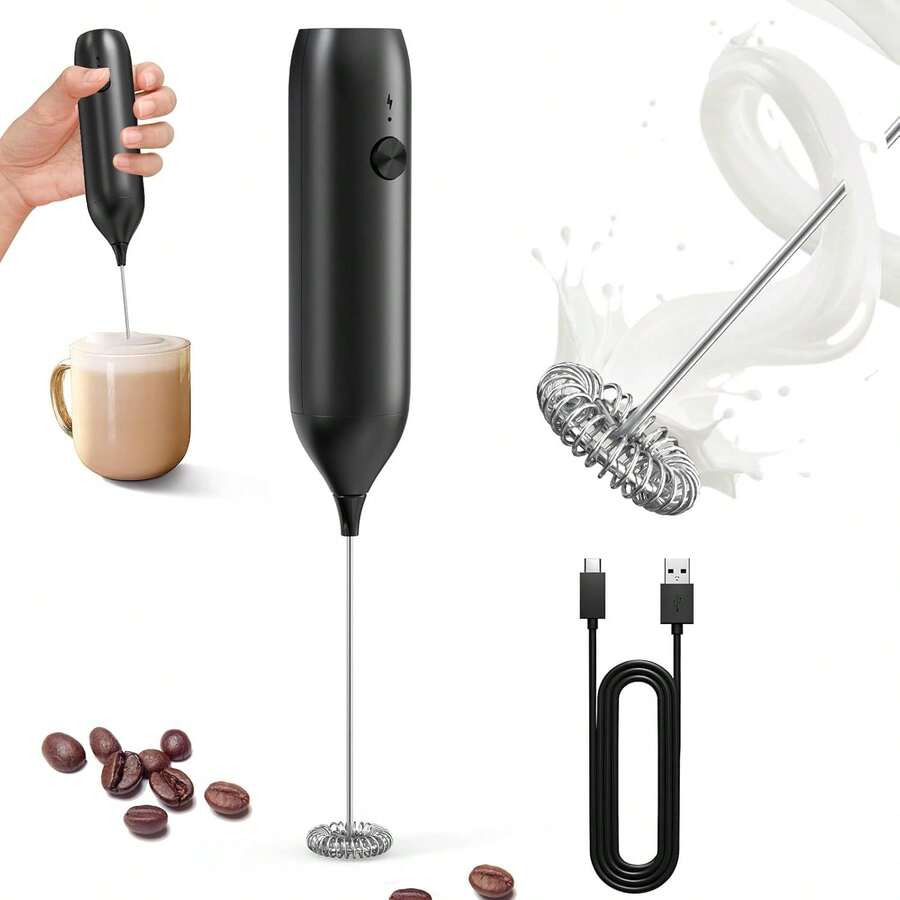 CIRCLE JOY Rechargeable Milk Frother Handheld With Stand, Coffee Frother Wand Drink Mixer With Dual Spring Whisk For Coffee, Cappuccino, Lattes, Frappe, Matcha And Hot Chocolate, Black