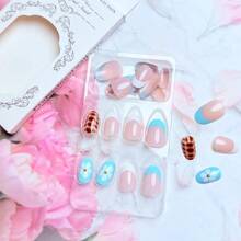 Almond Shaped Press On Nails Short Oval False Nails With Designs Blue White French Tips Glue On Nails Leopard Print Flowers Acrylic Nails Glossy Full Cover Stick On Nails For Women Manicure 24 Pcs2025