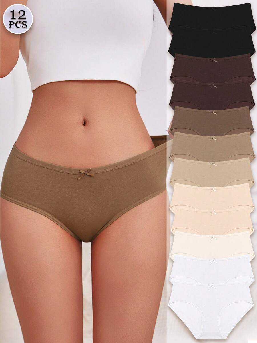 FINETOO 12Pcs Cotton Bow Decoration Solid Color Simple Maillard Color Women's Briefs, Comfortable Women's Underwear S-XXL - Nhiều màu - Xem 1