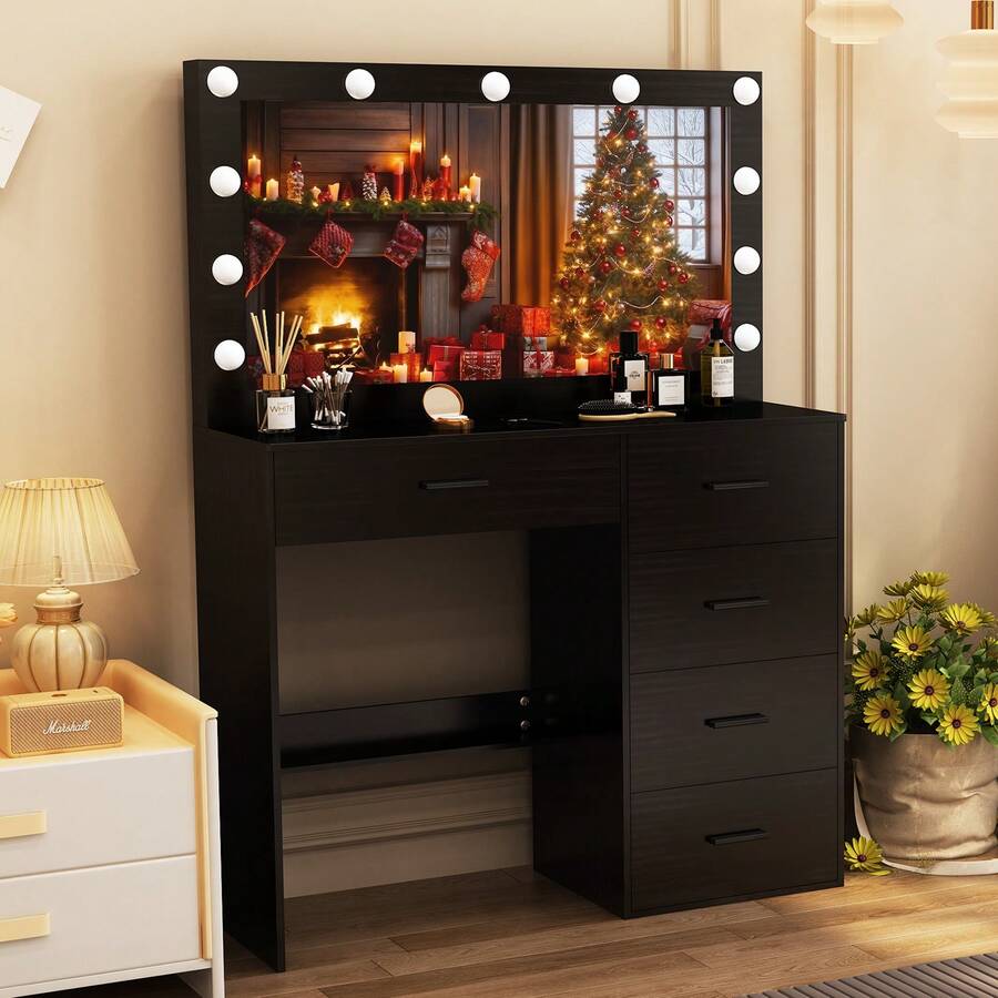 Black Makeup Vanity Table With Led Lighted Mirror Dressing Set , 5 Drawers, Large Lighted Mirror & LED Bulbs, 3 Color Lighting Modes & Dimmable, Girls Dressing Table With Led Mirror For Bedroom - Black