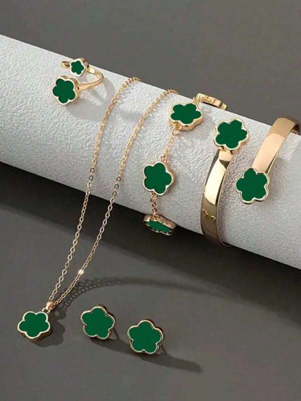 6pcs/Set Lucky Clover Design Bracelet, Necklace, Earrings, Bangle, And Ring