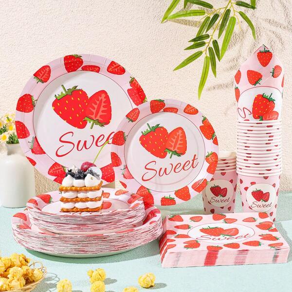 Set de vaisselle jetable Sweetheart Strawberry, assiettes de 7/9 pouces, serviettes, gobelets, cadeaux pour fête d'anniversaire, décorations de fête. Convient pour les fournitures de fête à thème anniversaire