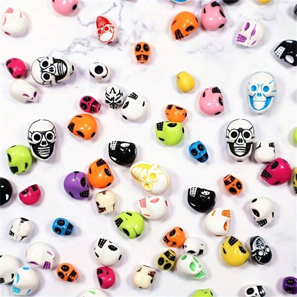 30g 10-12mm Perles crâne multicolores mélangées aléatoires pour bracelets et colliers DIY, cadeau d'Halloween, accessoires décoratifs faits main. Perles espacées convenant pour accessoires