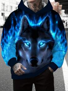 新款男士酷炫狼3D印花休闲长袖连帽衫，男士春秋季卫衣，男士连帽上衣，百搭男士休闲服饰，100%涤纶 - 彩色 - 查看 1