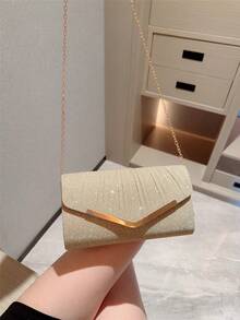 Women's Elegant Fashion Evening Bag, Mini Metallic Glitter Flap Square Bag - Gold - View 6