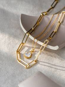 Nooxian 2 件/套金项链叠戴，优雅设计扁平十字链搭配白色泪珠锆石吊坠项链套装（随机扣珠数量） - 金黃色 - 查看 3