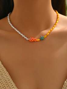 1pc Summer Beach Style Faux Pearl, Orange Fish & Starfish Pendant Necklace, Perfect For Beach Party - Orange - View 6